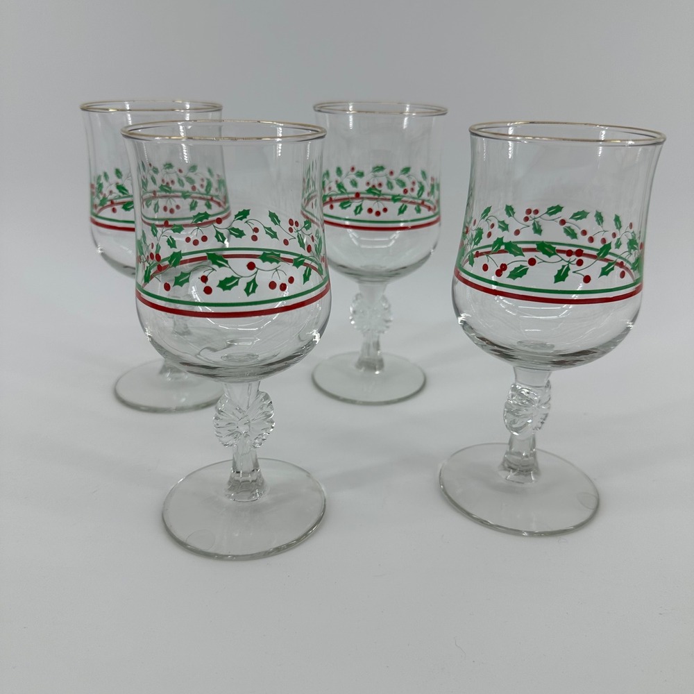 Vintage Holly Berry Christmas Wine Glasses Excellent Bow Stem Gold Rim 4pc Arbys